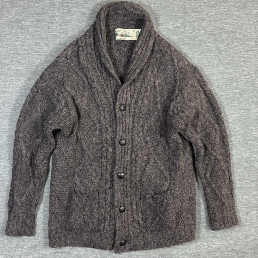 Aran Crafts Merino Cardigan Wool Sweater Women's XL Gray Shawl Collar Ireland